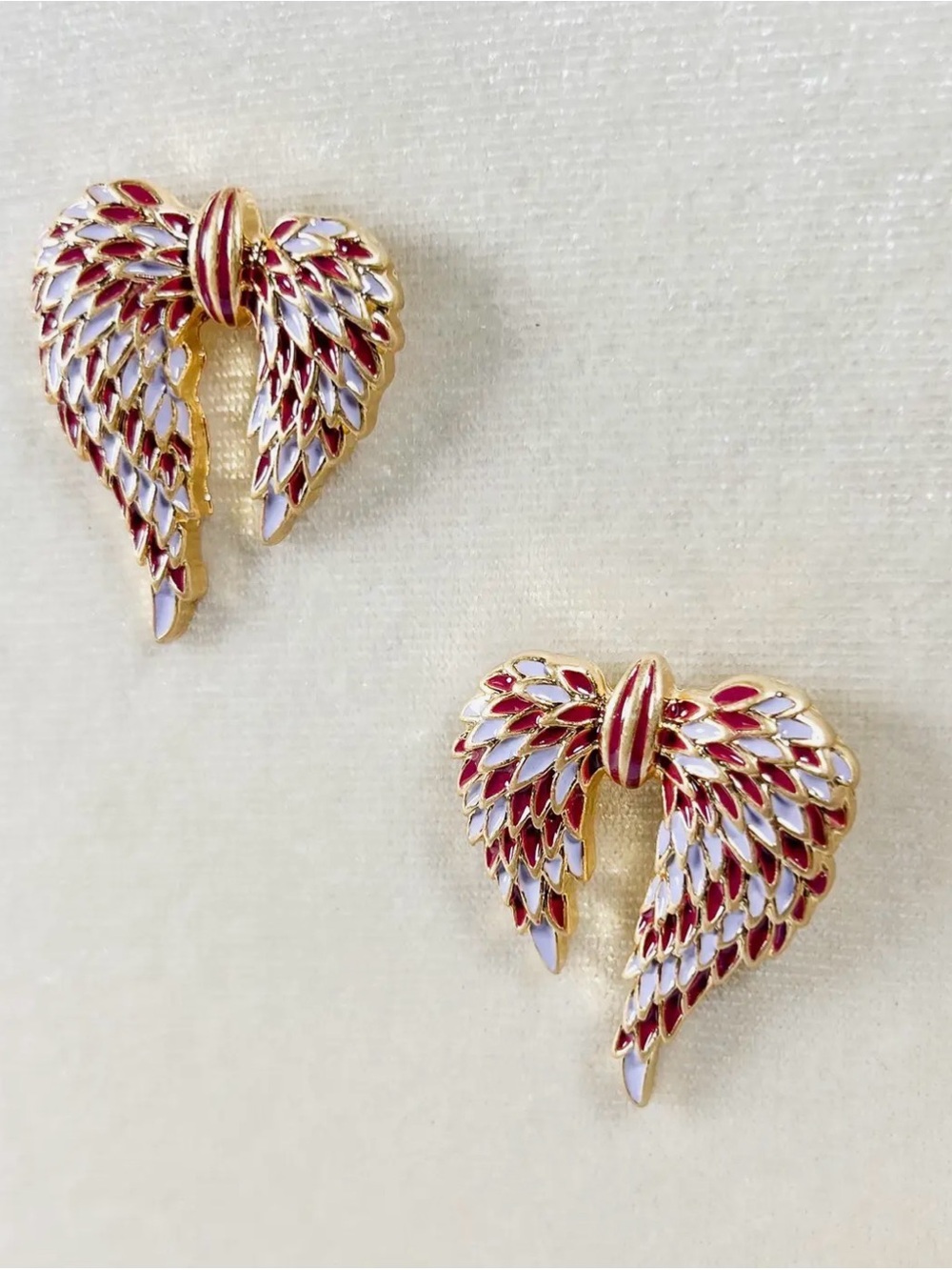 Gold-Tone Wing Stud Earrings with Red and White Enamel